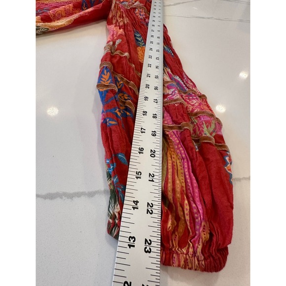 FARM Rio Mystic Bush Ruffled Blouse Floral Bird Print Button Front Ruffled Red M - Picture 13 of 16